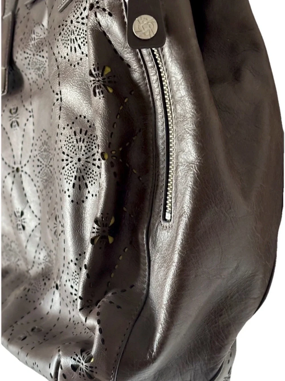 Petunia Pickle Bottom Brown Pierced Leather Floral Lime Lining Diaper Bag Tote
